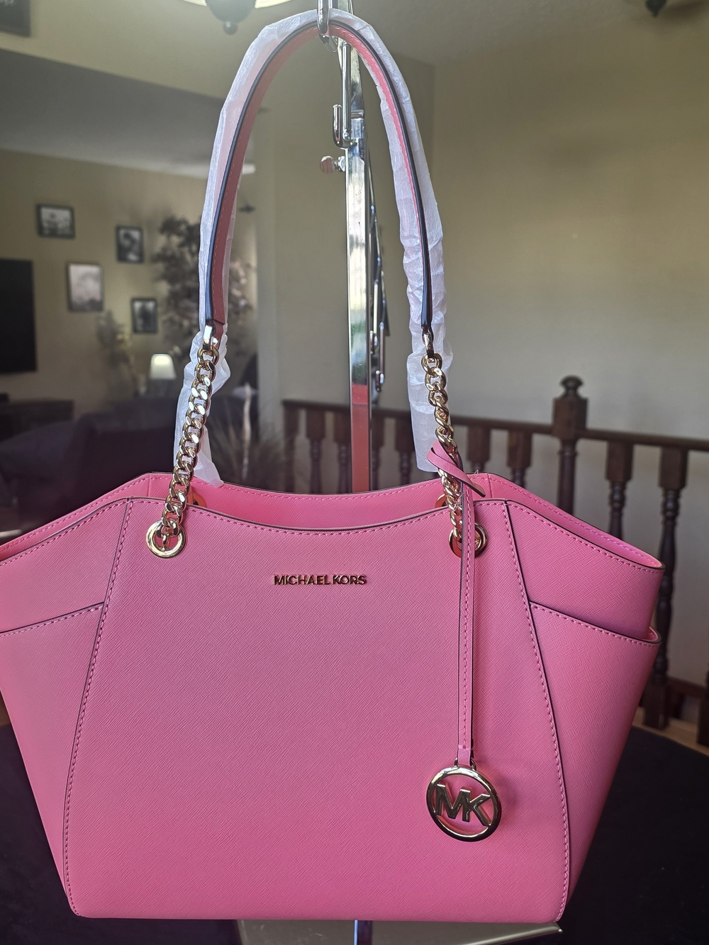Michael Kors Bright Pink Saffiano Tote with Gold Chain Handles